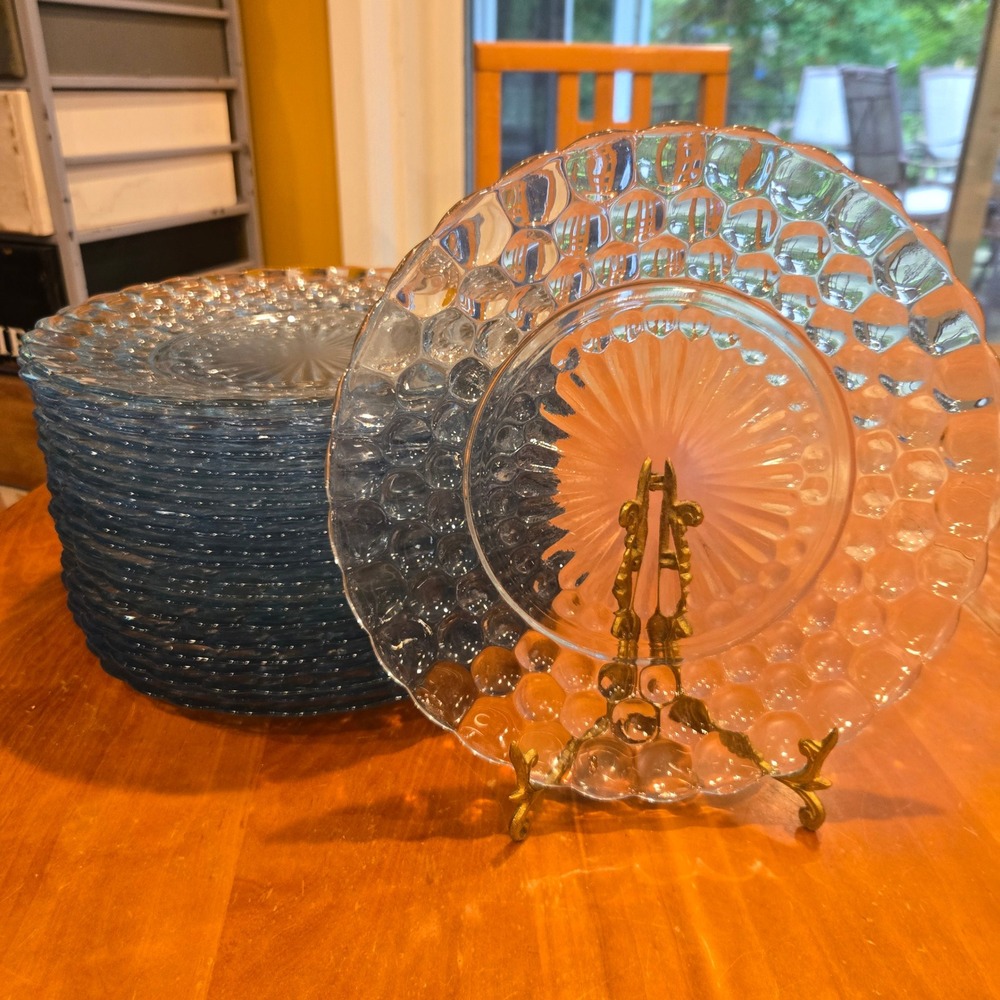 Vtg Anchor Hocking Set of 4 Blue Depression Glass bubble Plates 9 1/4" Dinner